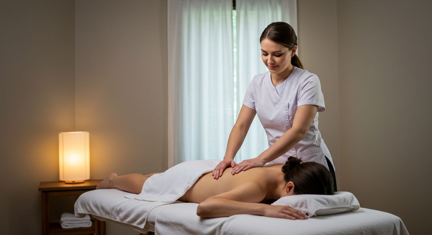 Massoterapeuta realizando massagem relaxante em uma mulher deitada em uma maca, em ambiente limpo e bem iluminado, em Curitiba.